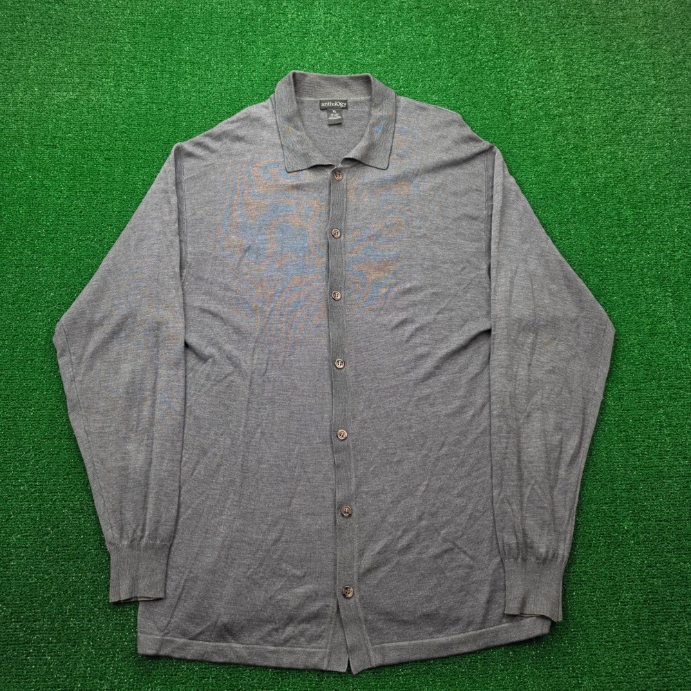 Anthology 100% Silk Full Button Collared Knit Cardigan Sweater Mens XL Gray